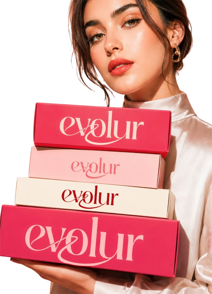 Woman holding a stack of pink, red and cream branded packaging boxes